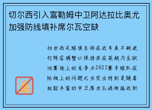 切尔西引入富勒姆中卫阿达拉比奥尤加强防线填补席尔瓦空缺 切尔西引入富勒姆中卫阿达拉比奥尤加强防线填补席尔瓦空缺