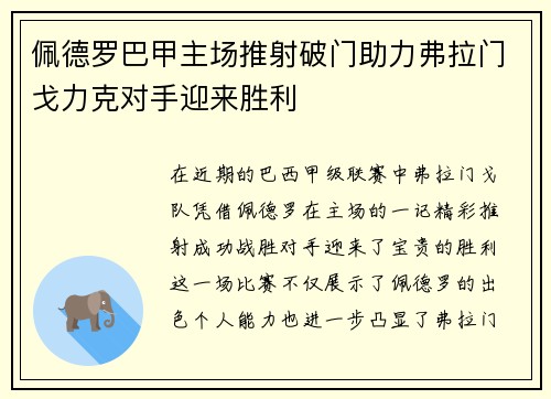 佩德罗巴甲主场推射破门助力弗拉门戈力克对手迎来胜利